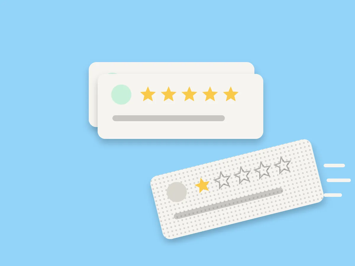 A one-star review card being flicked off a stack of five-star cards