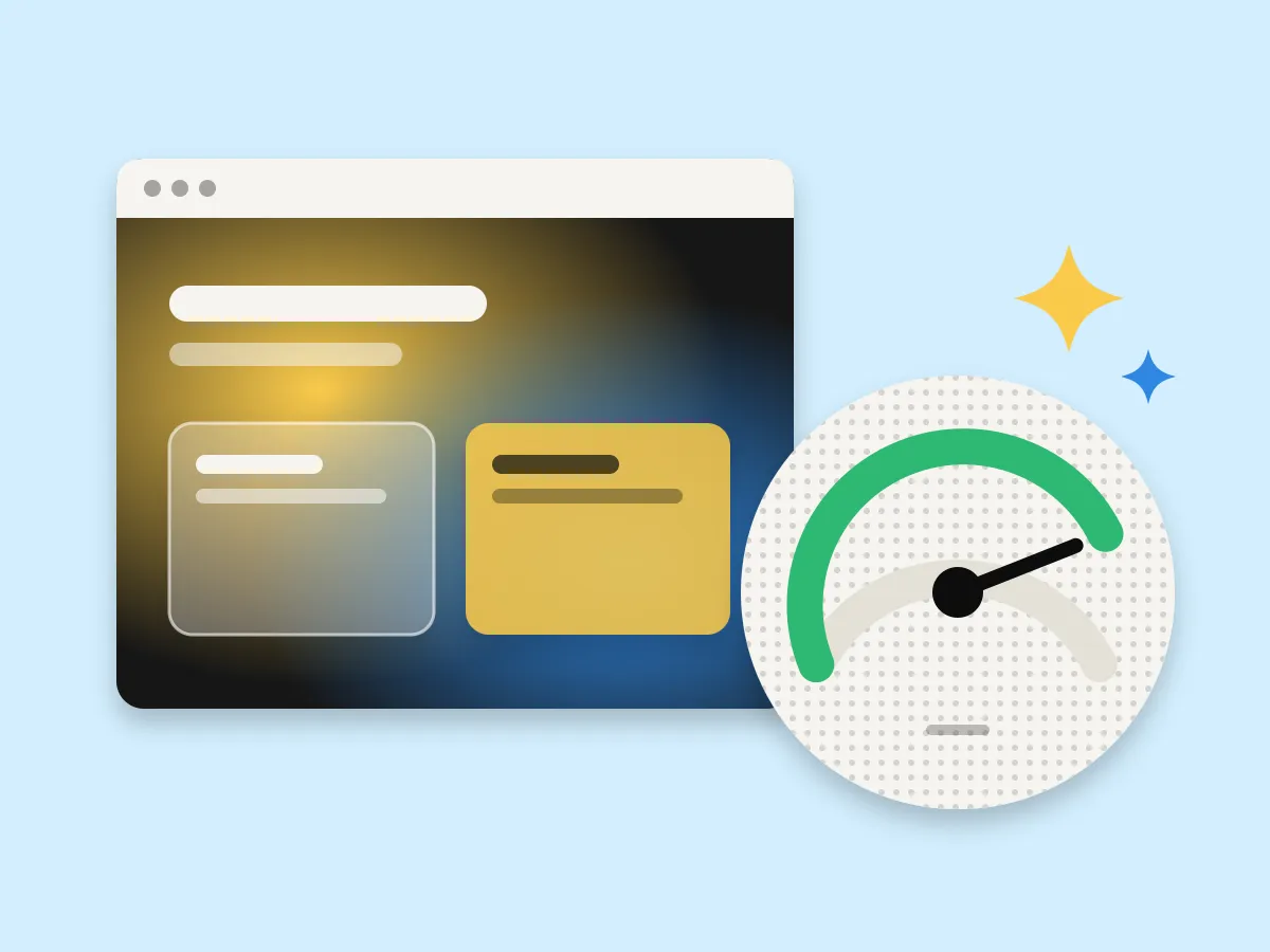 A website with a dark yellow and blue design next to a speed gauge near full
