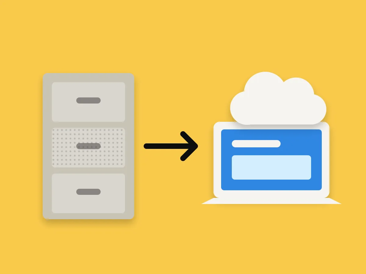 A paper filing cabinet turning into a laptop with a cloud