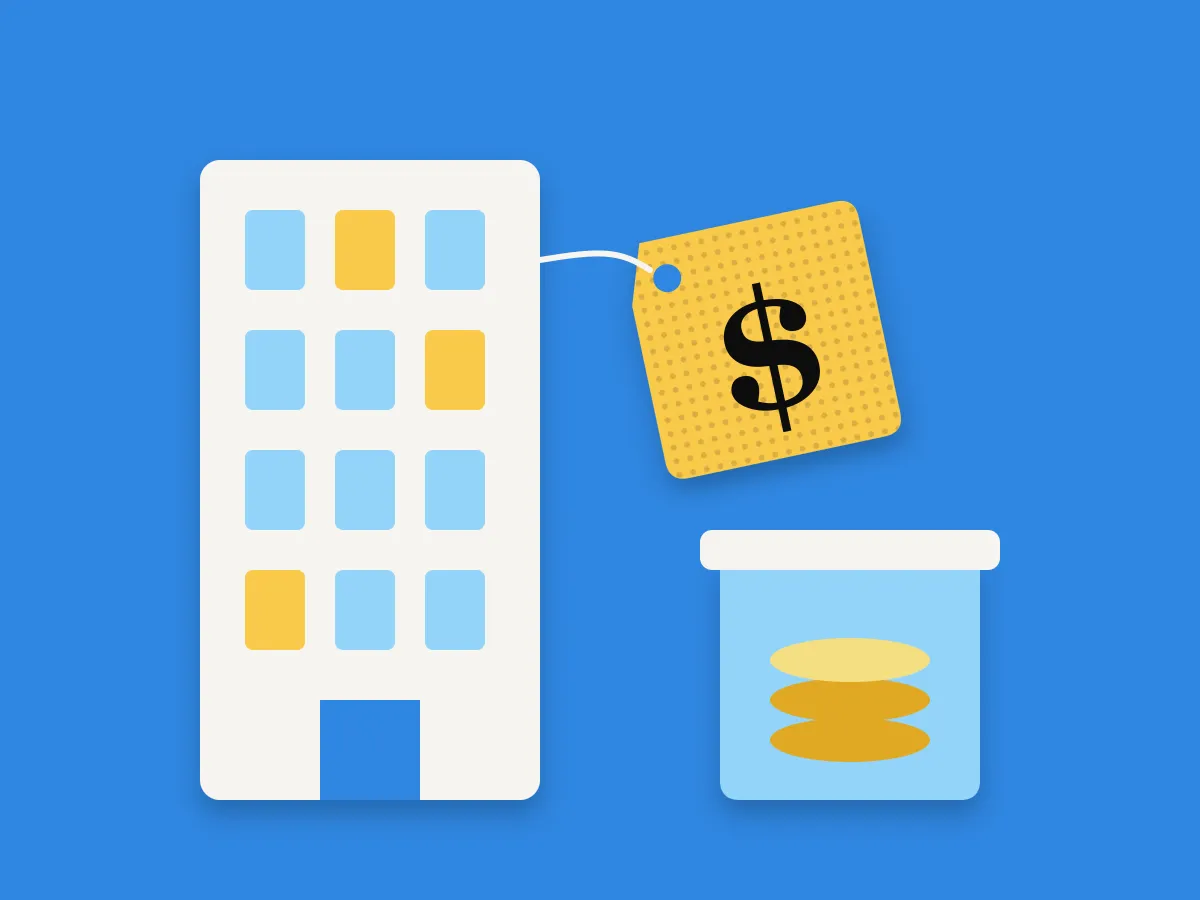 An office tower with a $ tag and a coin jar for the budget