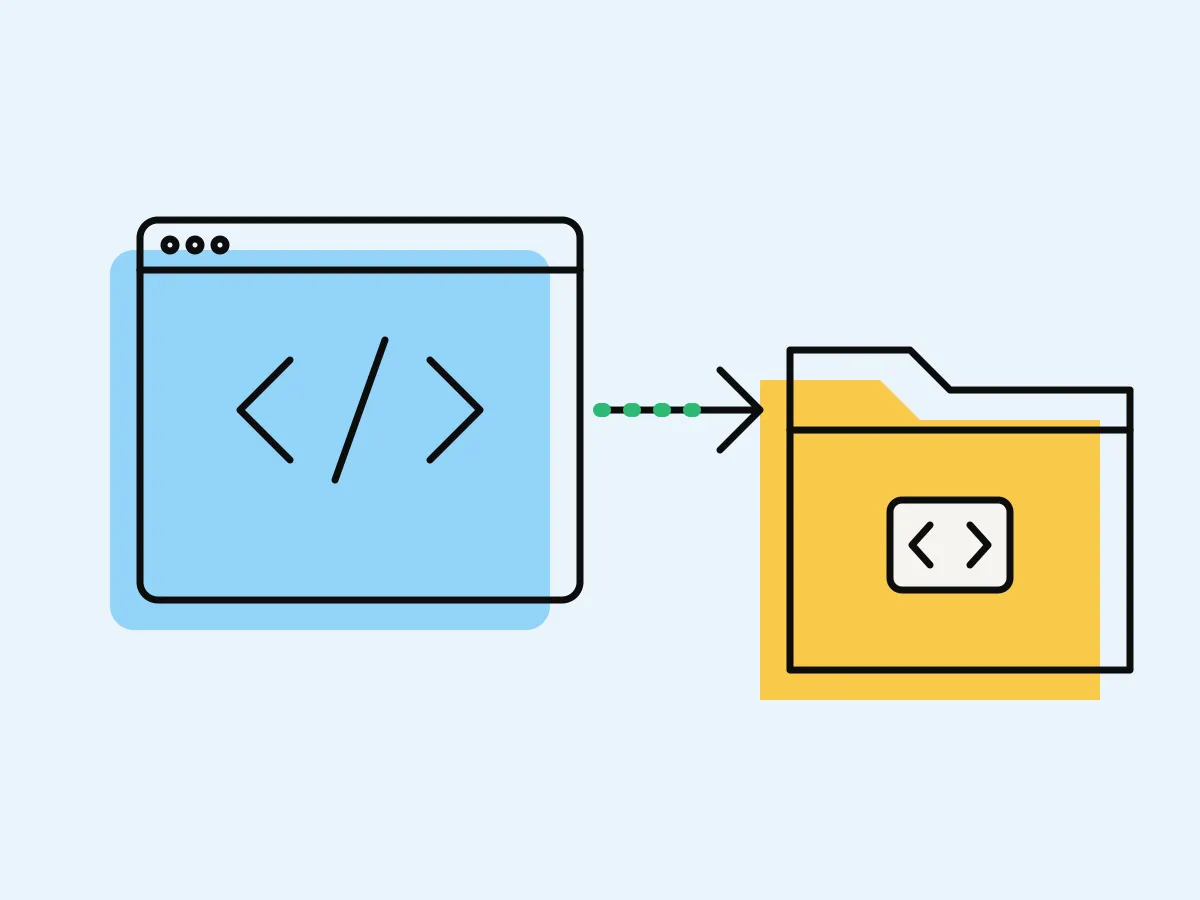 A code window with an arrow carrying it out to a separate folder