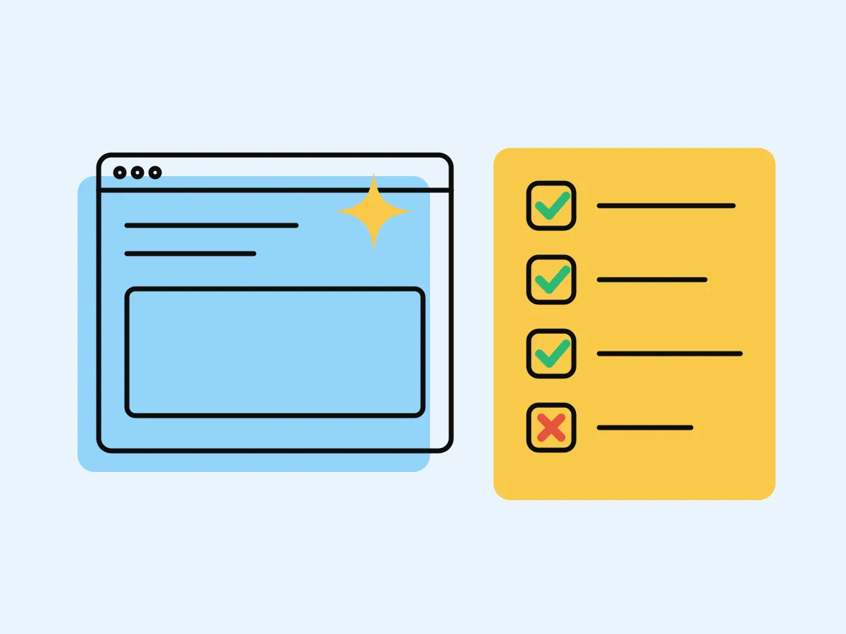 An AI-built page beside a list of ticks and crosses