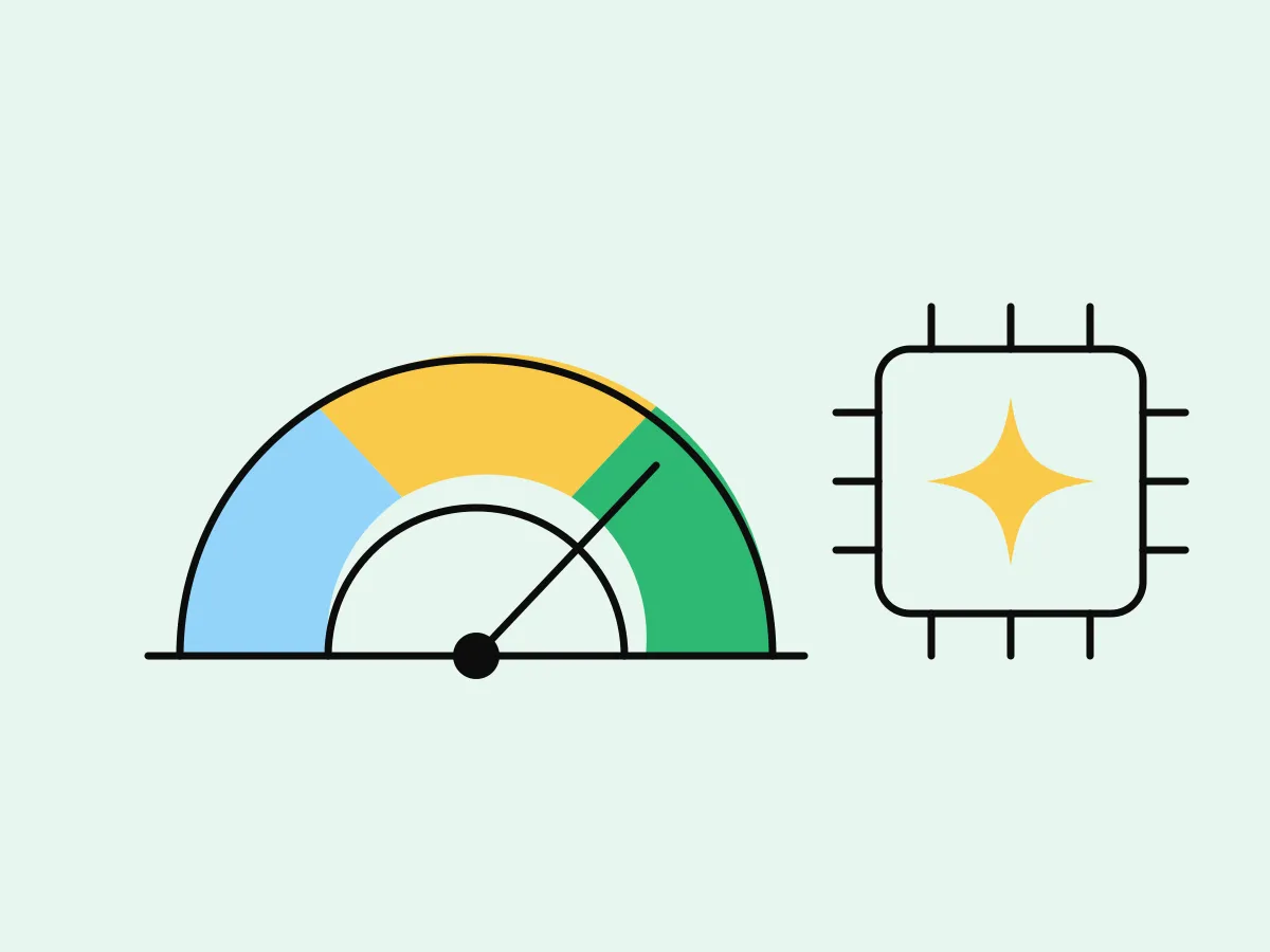 A gauge with the needle in the green beside a chip with a spark