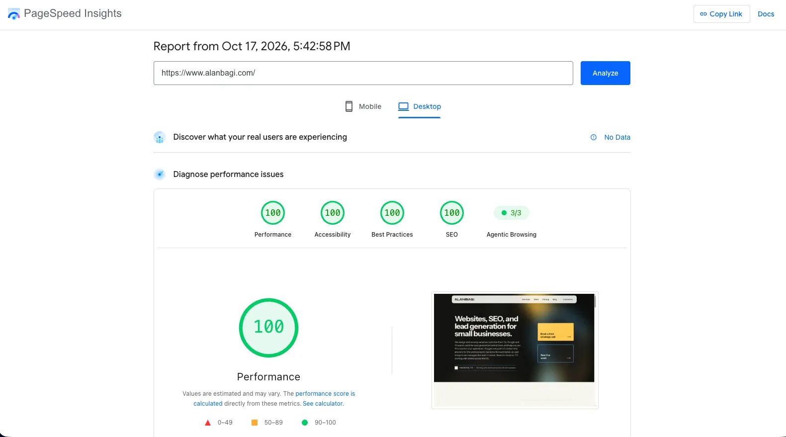 Google PageSpeed Insights for www.alanbagi.com on desktop: 100 performance, 100 accessibility, 100 best practices, 100 SEO, 3 of 3 agentic browsing checks