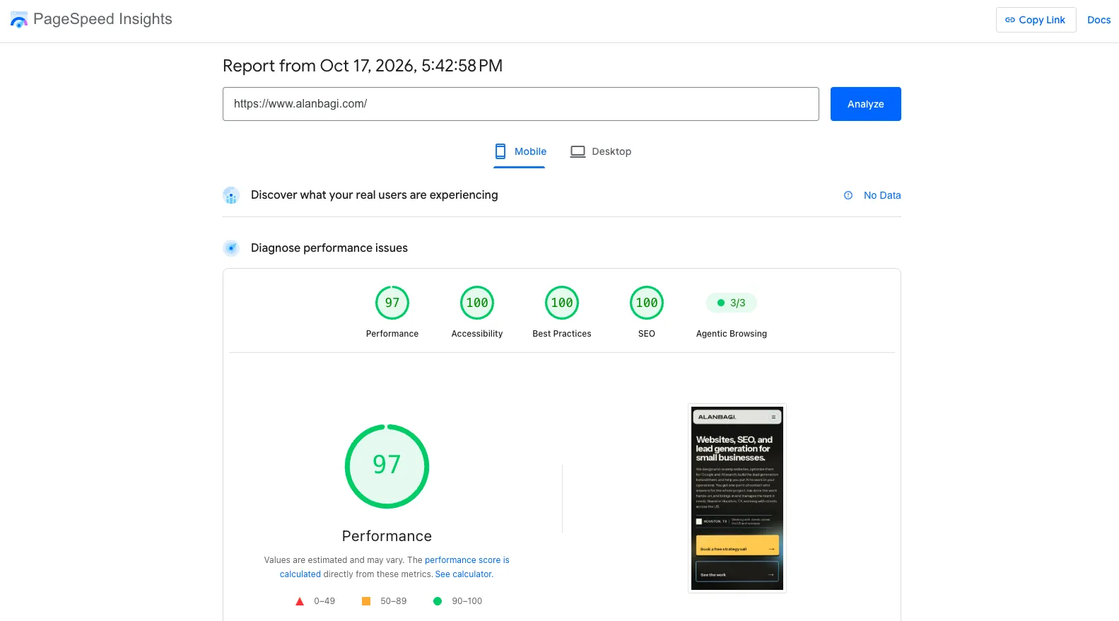 Google PageSpeed Insights for www.alanbagi.com on mobile: 97 performance, 100 accessibility, 100 best practices, 100 SEO, 3 of 3 agentic browsing checks
